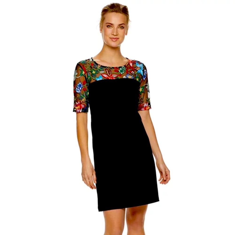 Nina Leonard black floral Print embroidered dress